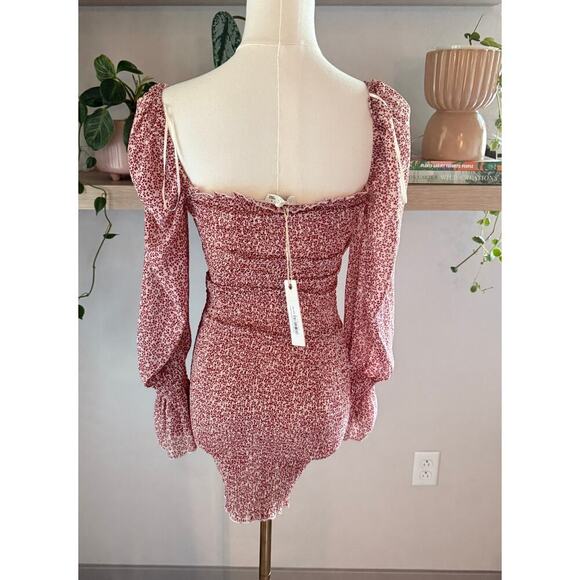 O. Vianca Red Floral Ruched Shirred Mini Dress Puff Long Sleeve  Small NEW - Picture 2 of 7